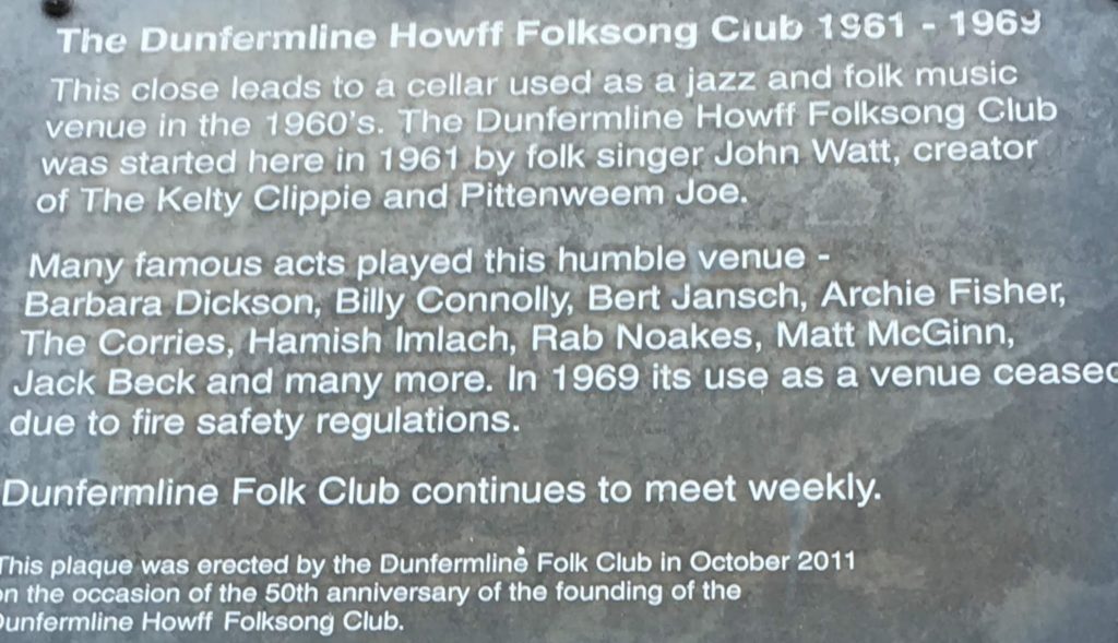 Detail of plaque which details The Dunfmerline Howff Folksong Club 1961-1969.